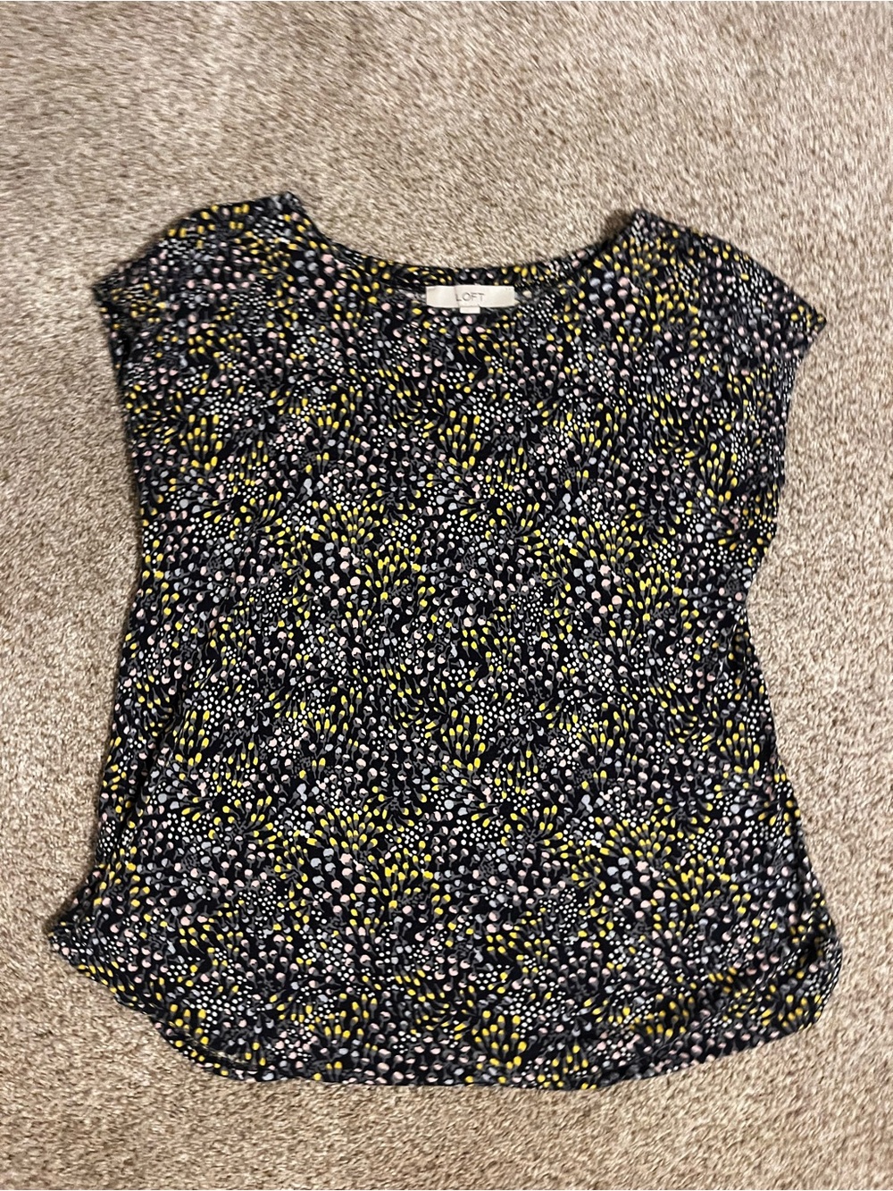 LOFT Black Floral Dot Cap-Sleeve Tee with Yellow & Pink Accents